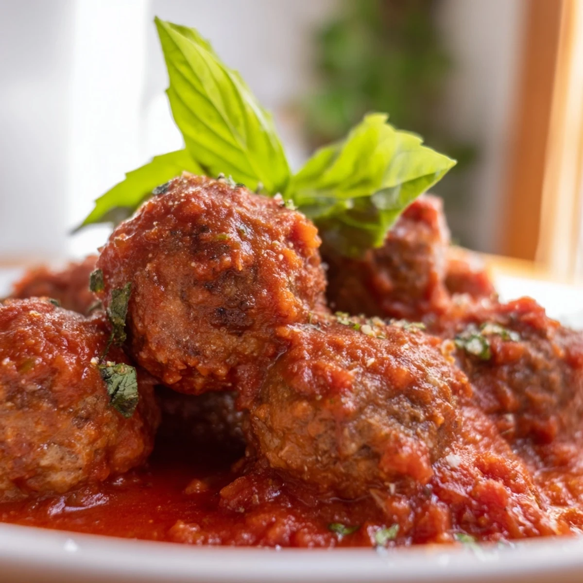 Savory turkey meatballs with marinara simmer in a rich red sauce in a cast iron skillet, garnished with fresh basil for an Italian-American dinner.