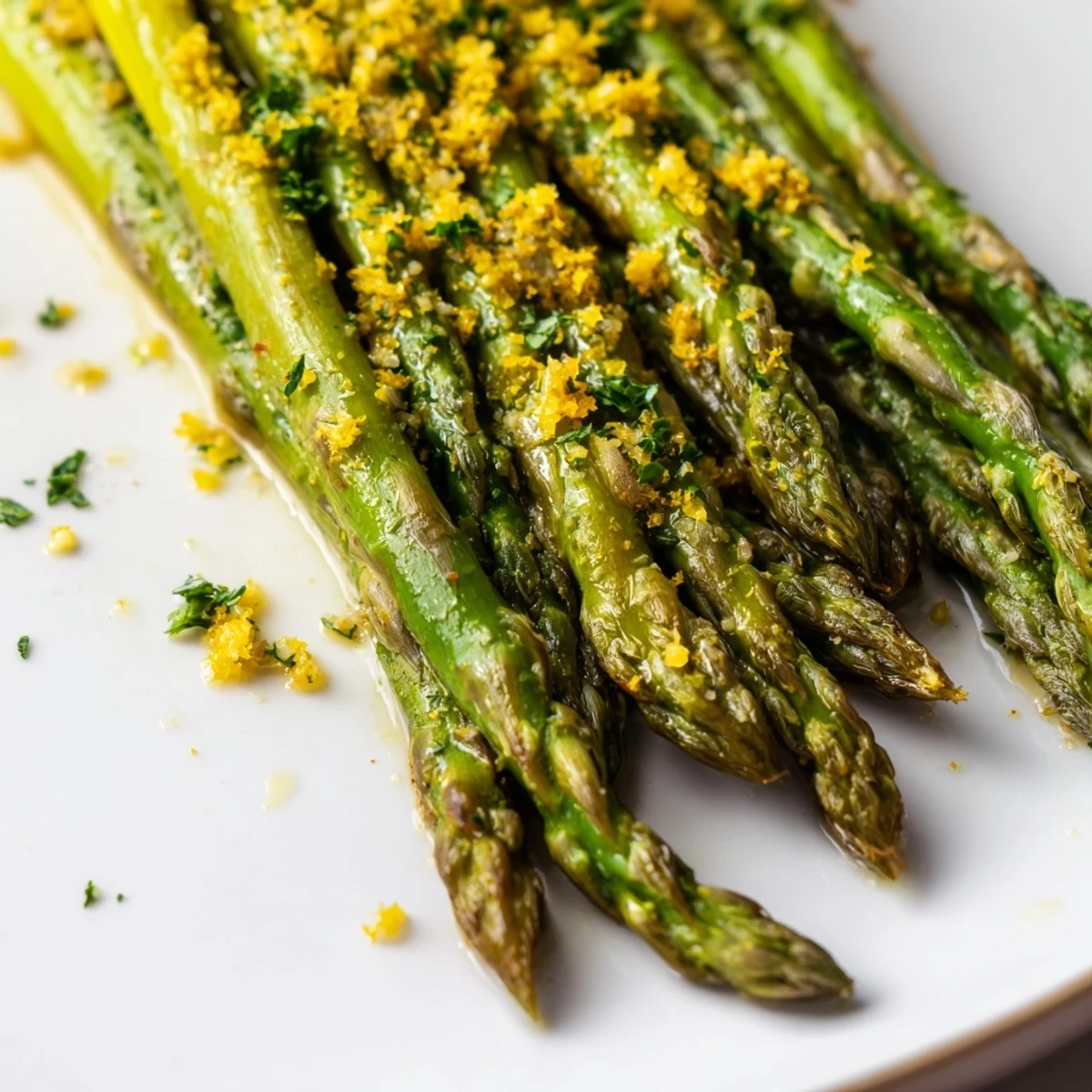 Golden roasted asparagus with minced garlic and lemon zest on a baking sheet, a vibrant Mediterranean side dish ready to serve.