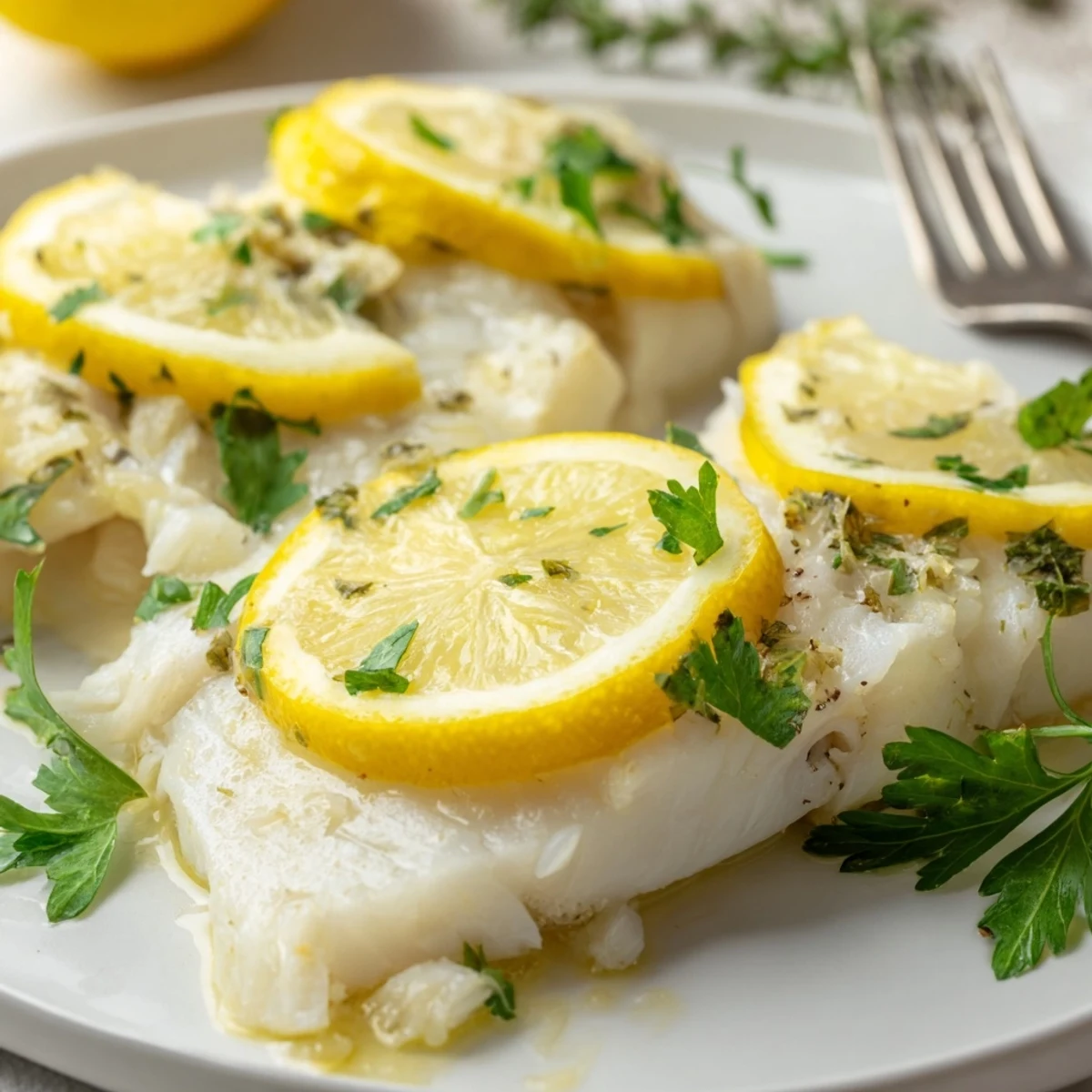 Golden-brown Baked Halibut with Lemon emerges from the oven, garnished with fresh parsley and resting on a white plate.