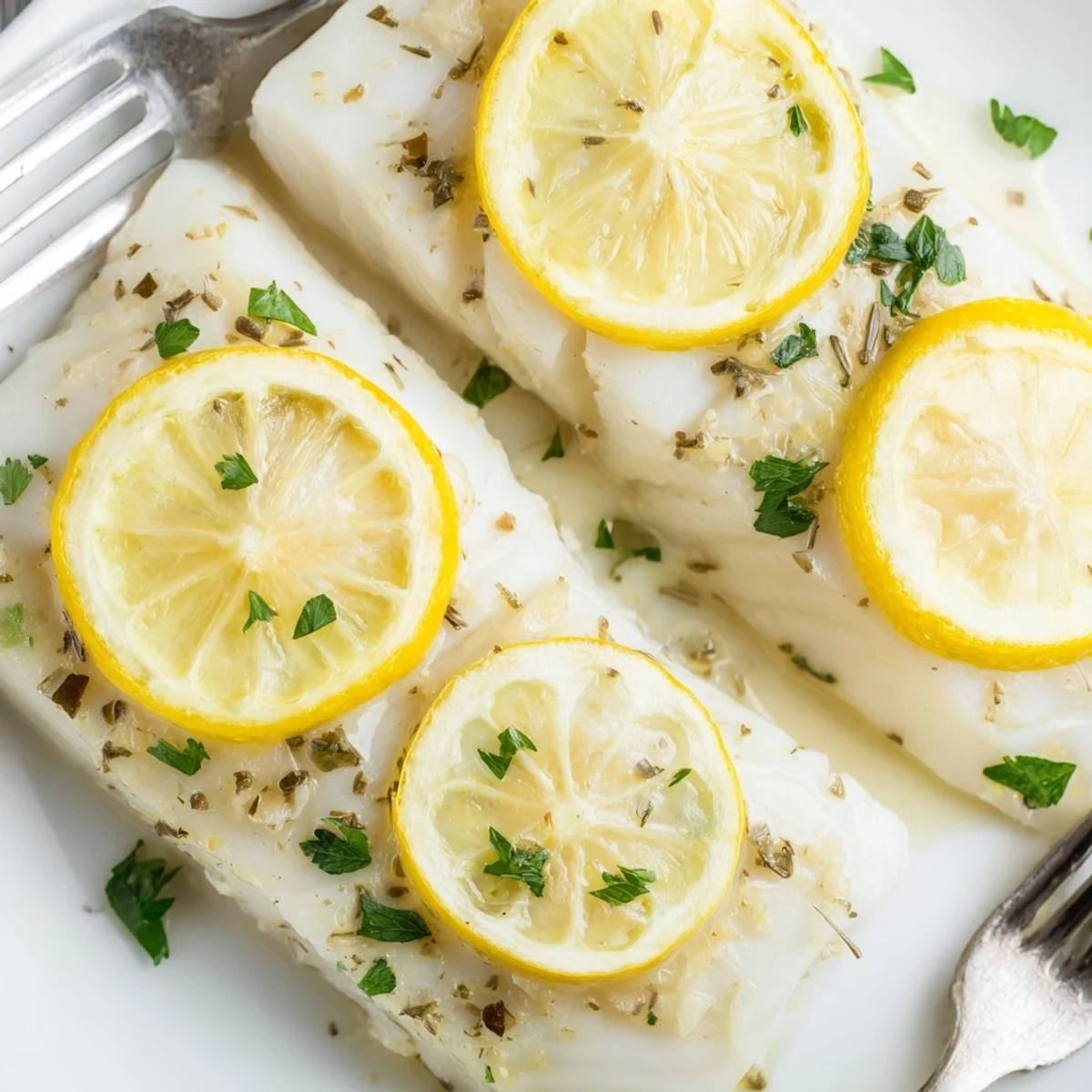 Tender Baked Halibut with Lemon fillets are brushed with garlic and herbs, served alongside colorful roasted vegetables.