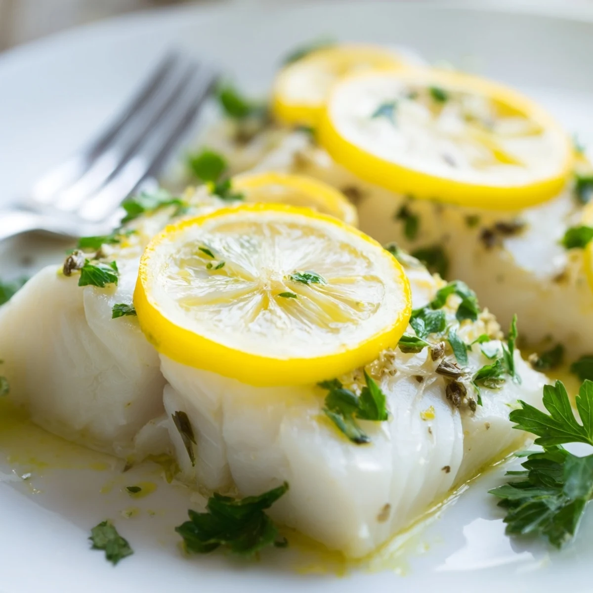 Flaky Baked Halibut with Lemon topped with bright slices of citrus and thyme, ready for a healthy dinner.