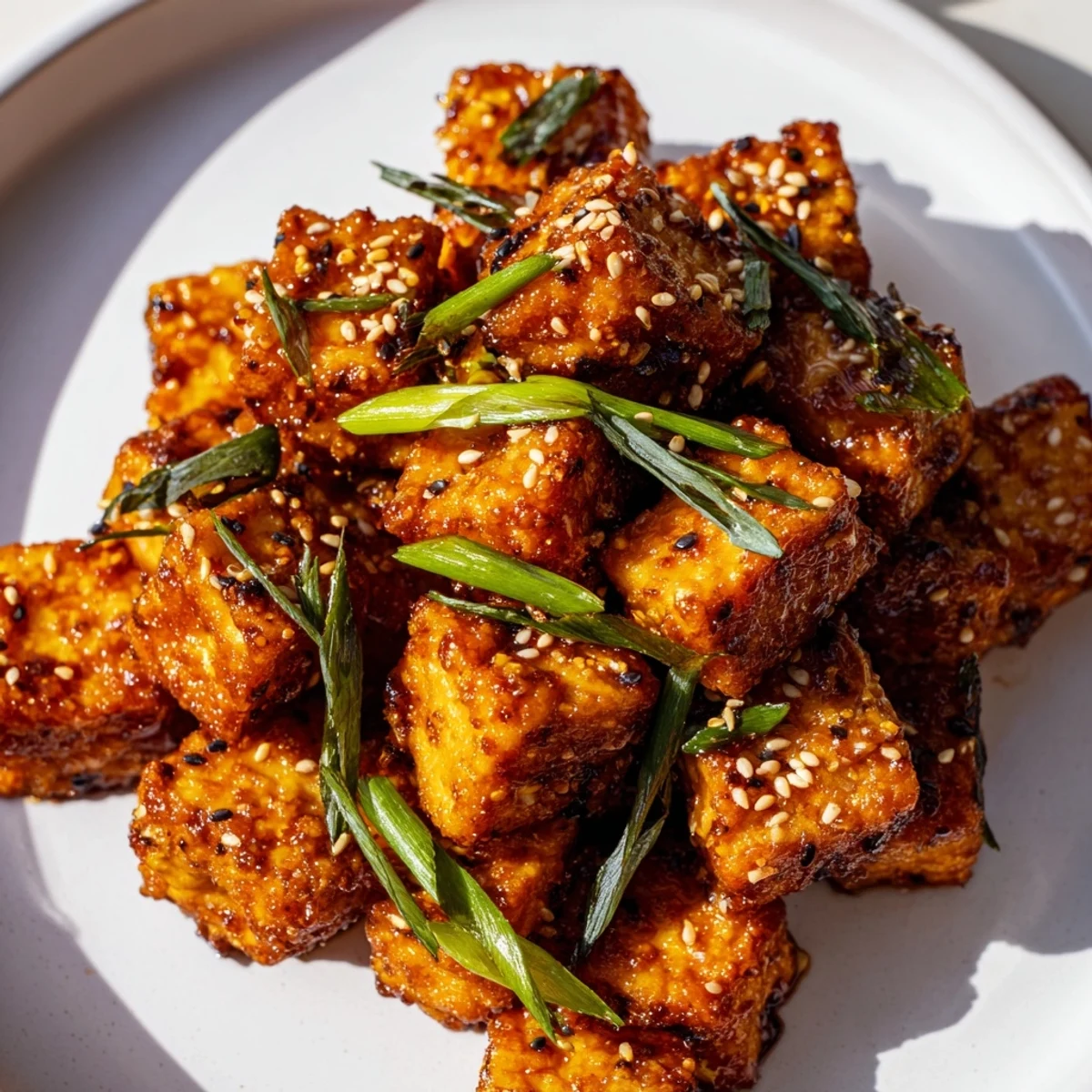 Crispy Air Fryer Tofu with Soy Glaze glistens with sticky sauce, served over fluffy white rice with green onions and sesame seeds.
