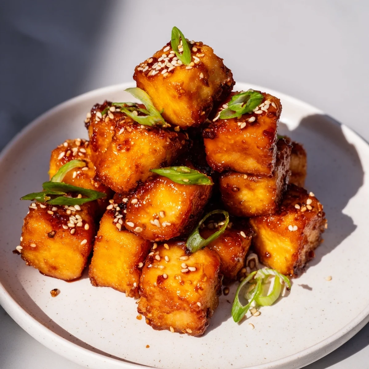 A close-up of Crispy Air Fryer Tofu with Soy Glaze, garnished with sesame seeds and scallions, highlighting the crunchy texture.