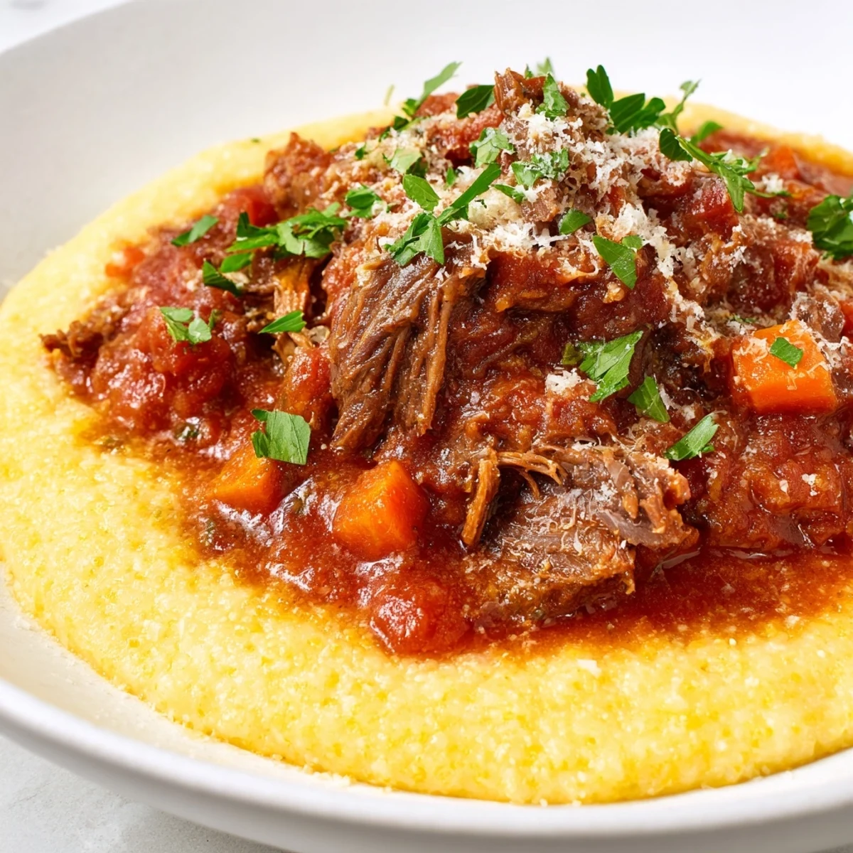 Slow Cooker Beef Ragu over Polenta features tender, shredded beef in a rich tomato sauce served over creamy, buttery polenta.