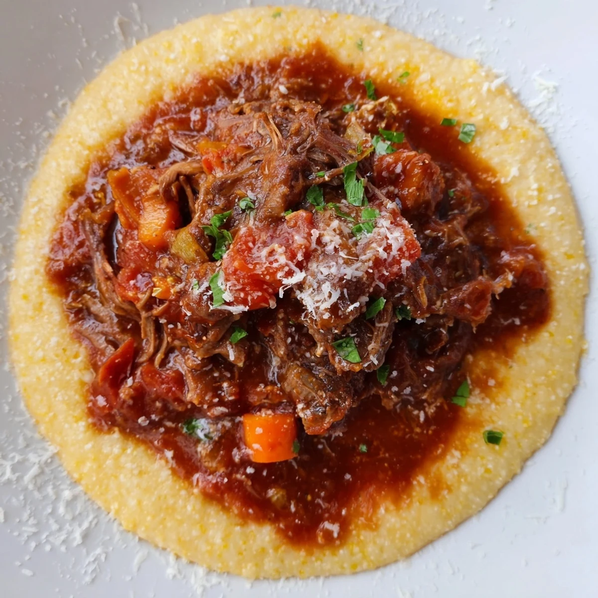 A white bowl holds a hearty serving of Slow Cooker Beef Ragu over Polenta, garnished with fresh parsley and extra cheese.