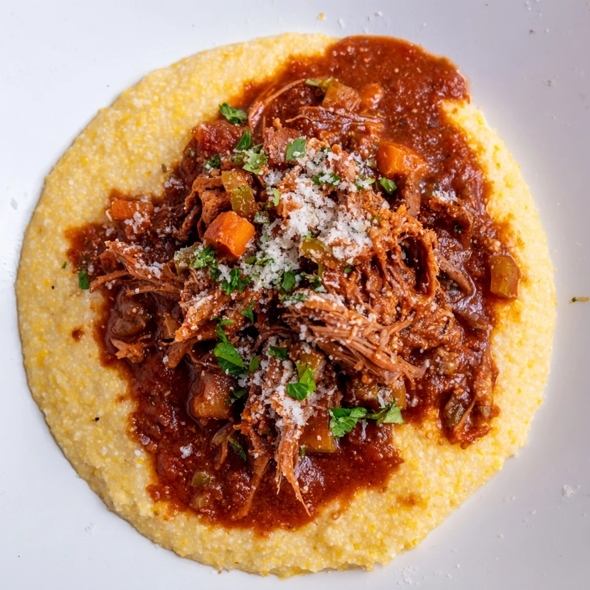 Spoon the savory Slow Cooker Beef Ragu over Polenta for a comforting Italian-inspired family dinner, highlighting the rich, red sauce.