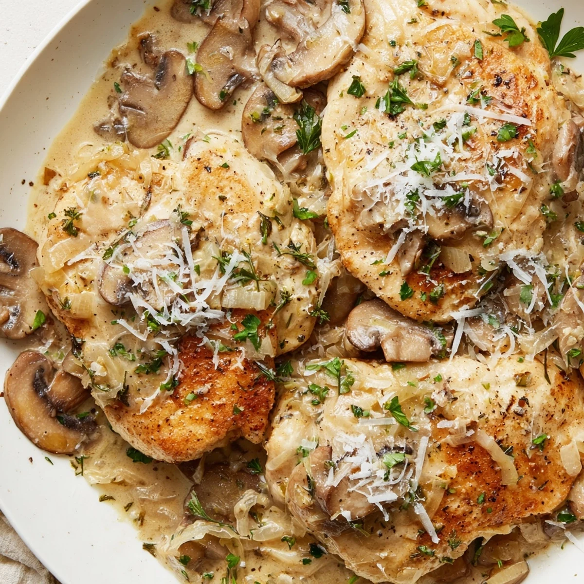 Creamy Mushroom Chicken Skillet served over mashed potatoes, garnished with fresh parsley.
