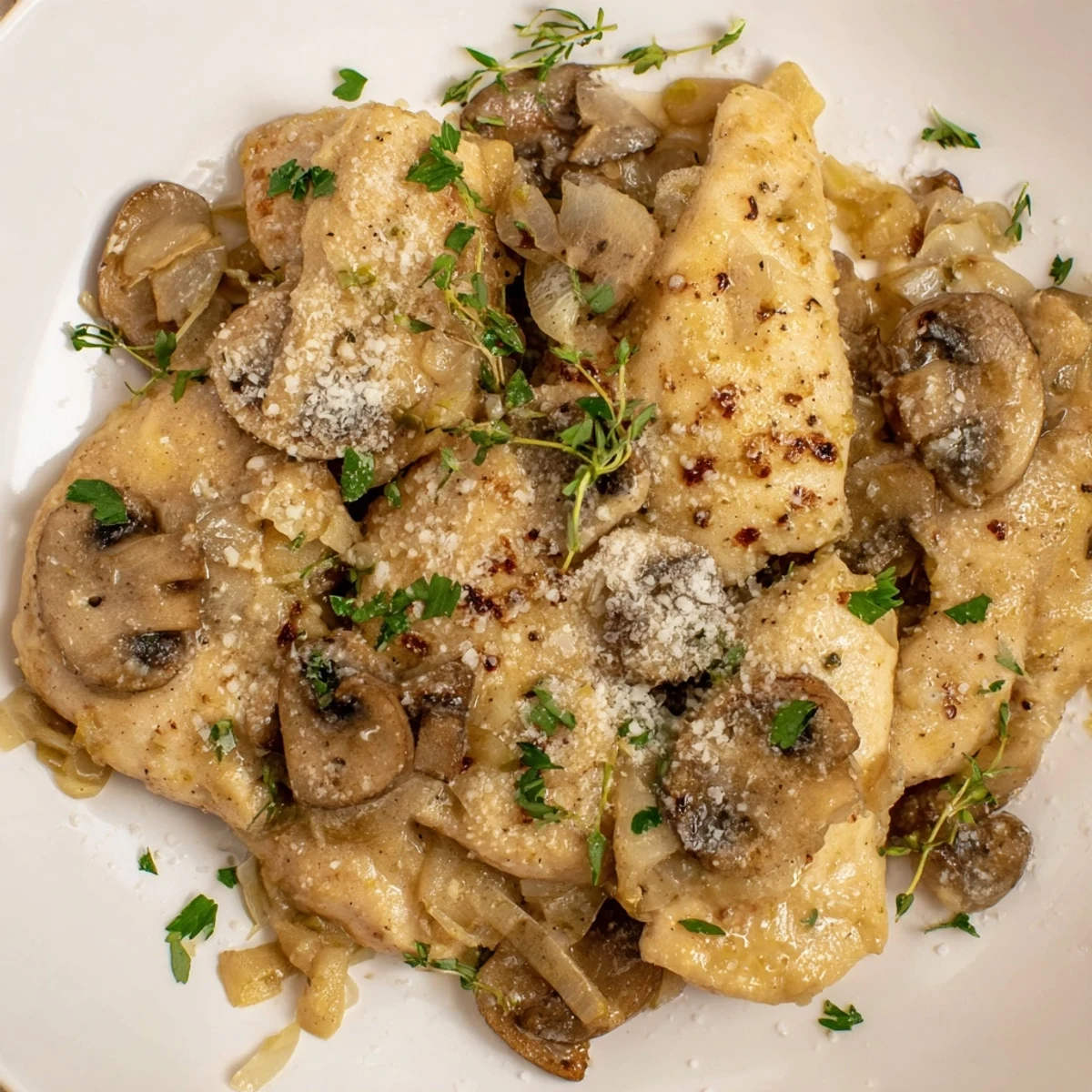 Juicy chicken simmered in a garlic cream sauce with sautéed mushrooms for dinner.