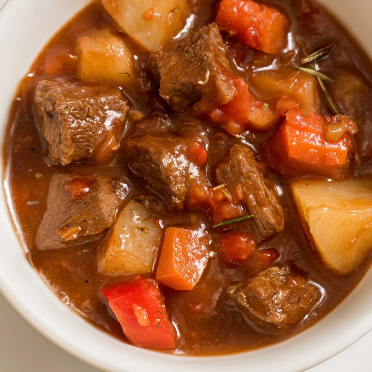 Slow Cooker Supper Stew steams in a ceramic insert, featuring tender beef cubes, carrots, and potatoes coated in a rich, savory red gravy. 