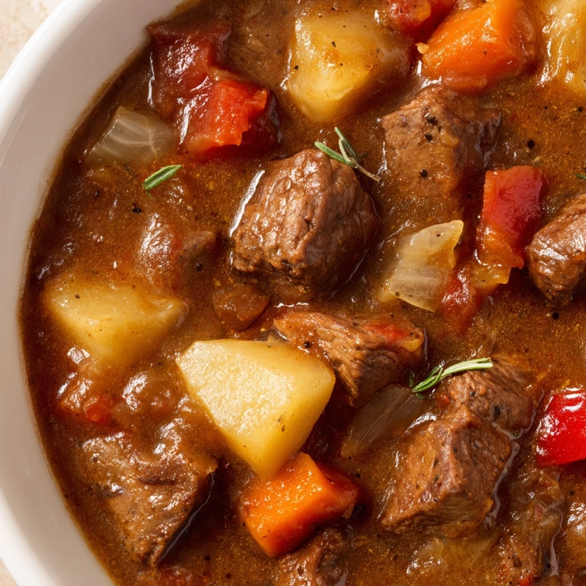 A ladle lifts a hearty bowl of Slow Cooker Supper Stew, filled with tender beef and root vegetables, perfect for a cozy family dinner. 