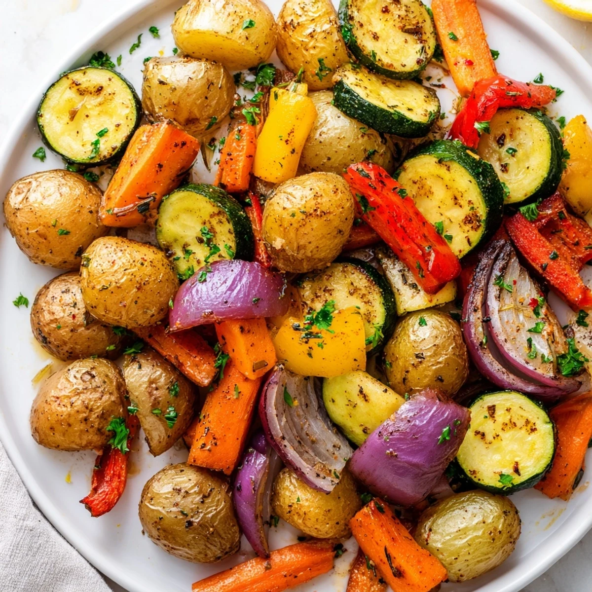 Freshly roasted Roasted Supper Veggies with bell peppers and zucchini, garnished with parsley and ready to serve.