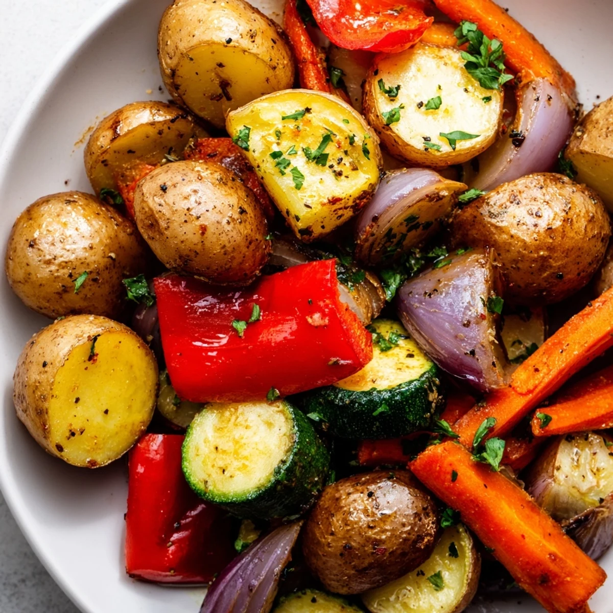 Golden roasted vegetables from the Roasted Supper Veggies recipe, featuring crispy potatoes and carrots on a baking sheet.