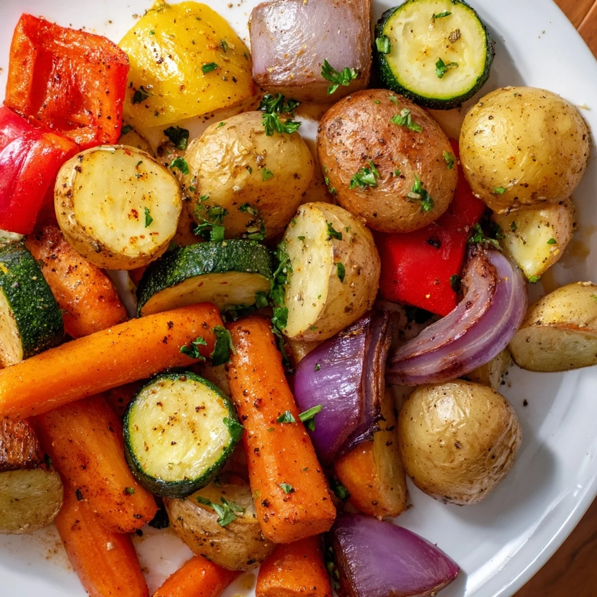 A close-up of Roasted Supper Veggies, highlighting the seasoned, tender texture of this healthy vegan dinner side.