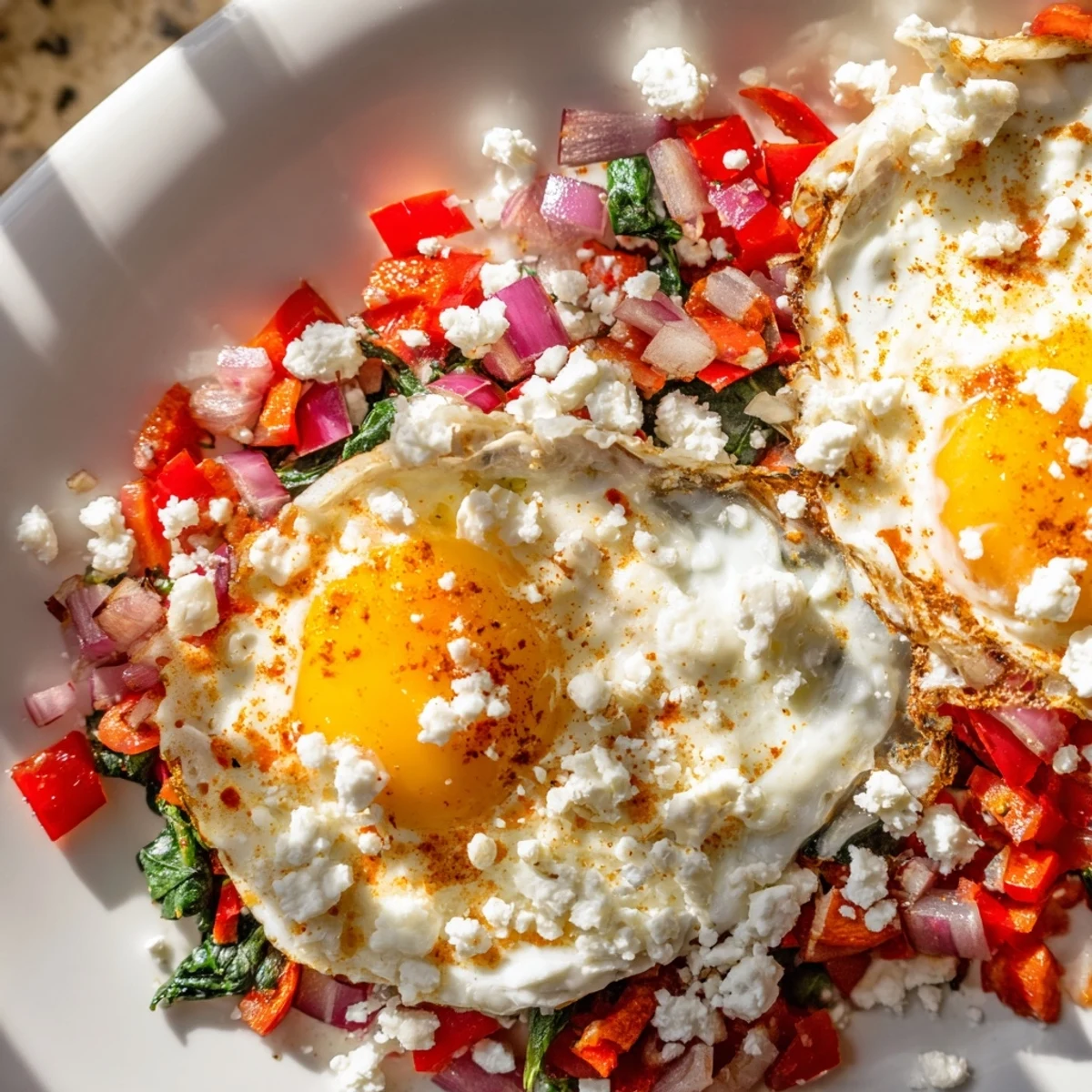 Spicy Brunch Eggs with sautéed peppers, onions, and wilted spinach topped with crumbled feta and fresh cilantro.