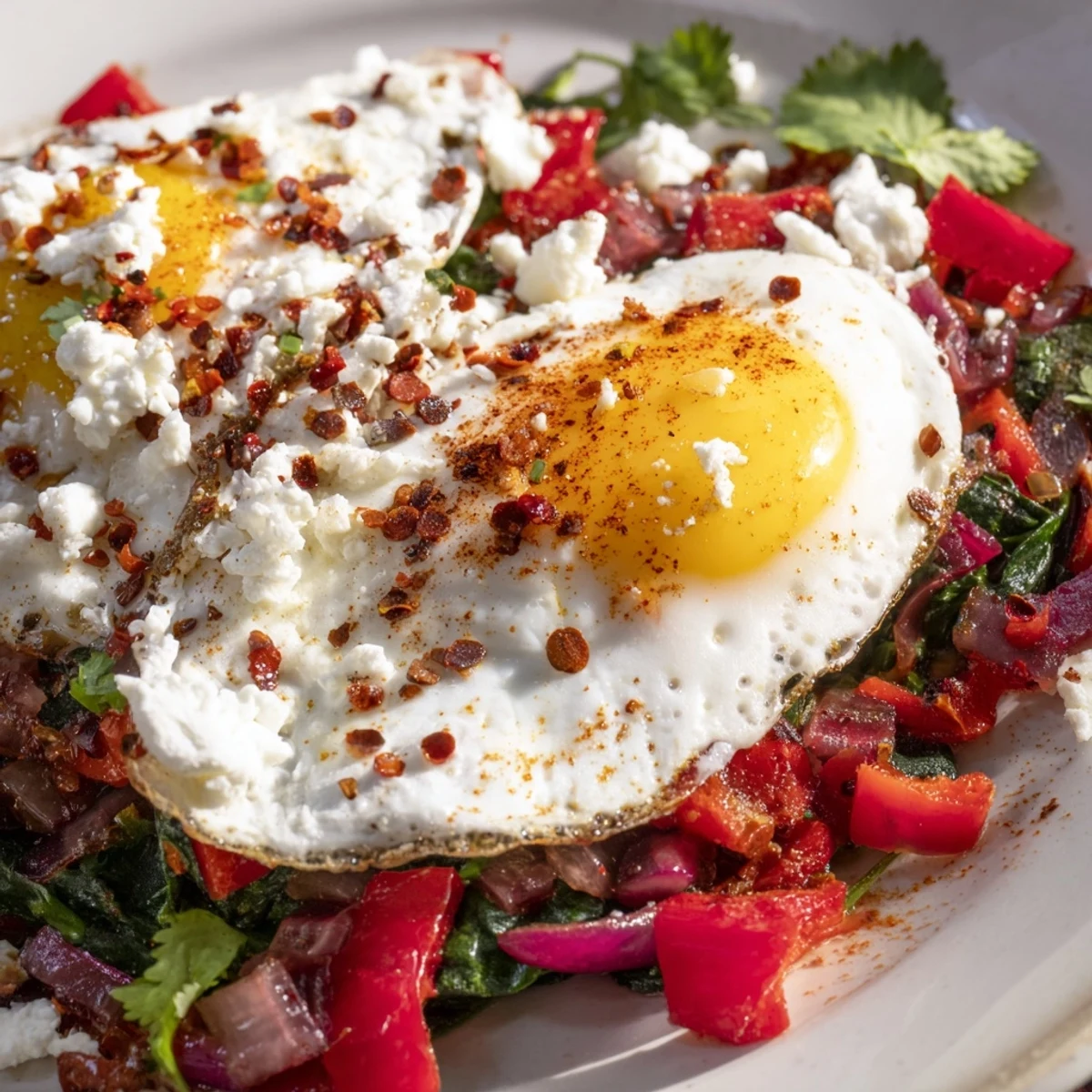Overhead view of Spicy Brunch Eggs in a skillet with runny yolks, jalapeños, and optional hot sauce.
