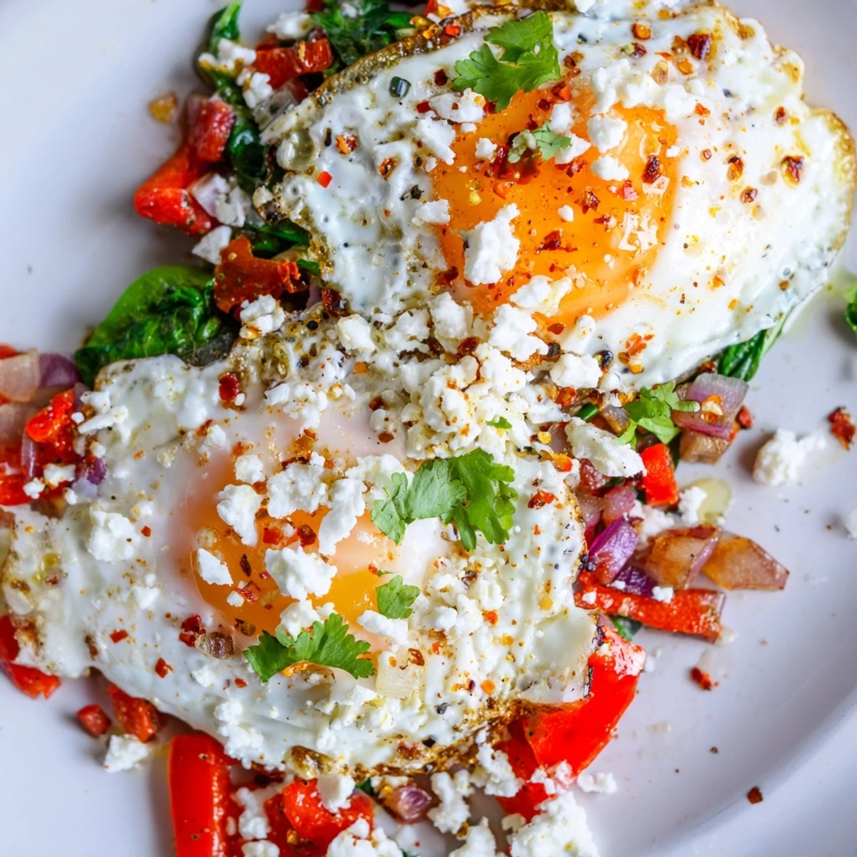 Vibrant vegetarian Spicy Brunch Eggs served warm on a platter with toasted bread and colorful garnishes.