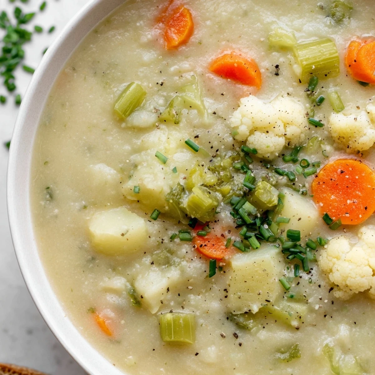 A velvety bowl of Creamy Supper Soup brimming with tender broccoli, carrots, and potatoes, perfect for a cozy weeknight meal.