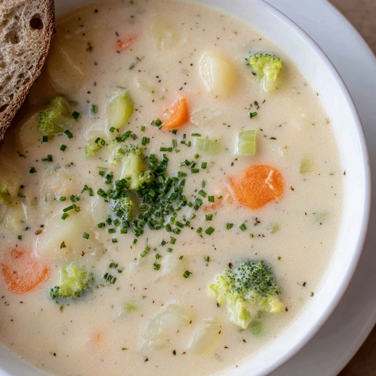 Hearty Creamy Supper Soup with rich cream swirls, fresh herbs garnish, and warm crusty bread for dipping, ready to enjoy.
