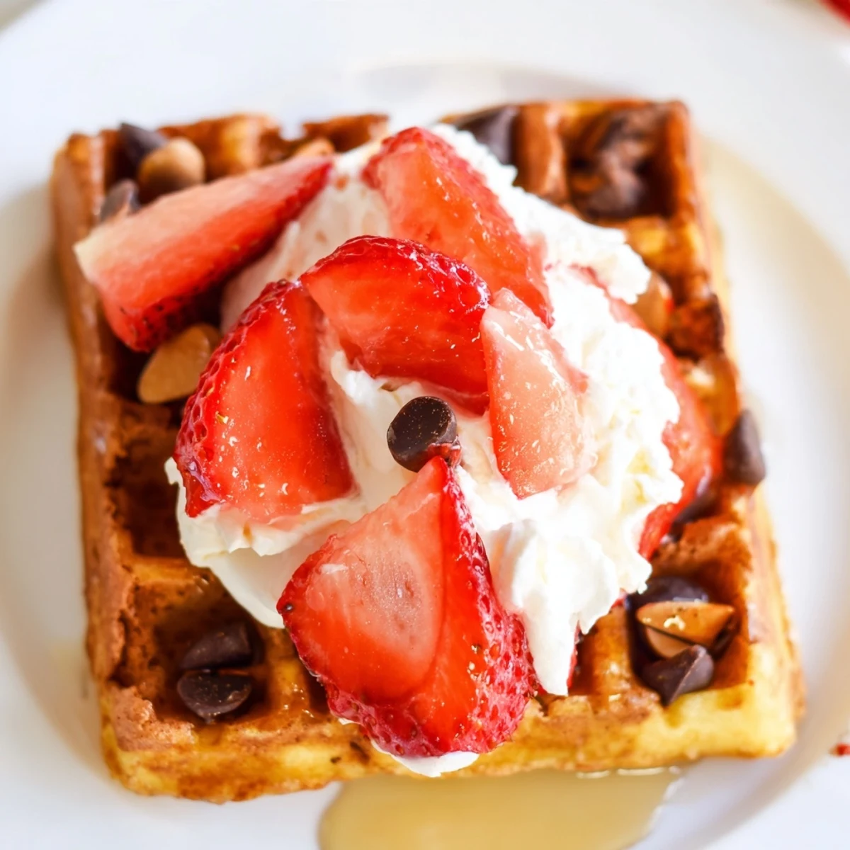 Warmly served Chocolate Brunch Waffle topped with fresh berries and a generous dollop of whipped cream.