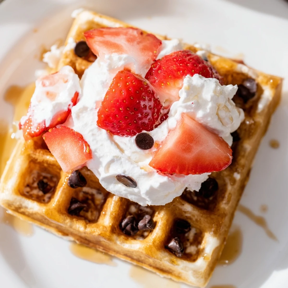 Decadent, crispy-edged Chocolate Brunch Waffle drizzled with rich chocolate sauce and powdered sugar.