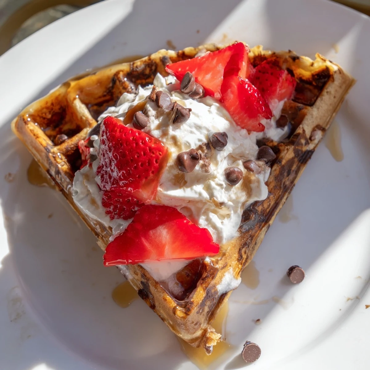 Freshly baked Chocolate Brunch Waffle stacked high with strawberries and syrup for a sweet breakfast.