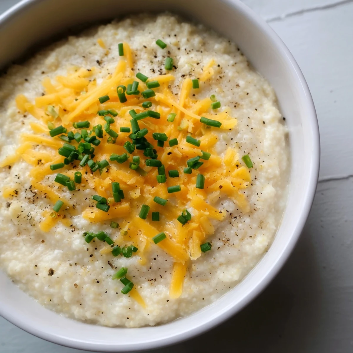 Creamy Brunch Grits topped with chives and black pepper, served steaming hot in a rustic bowl for a comforting Southern meal.