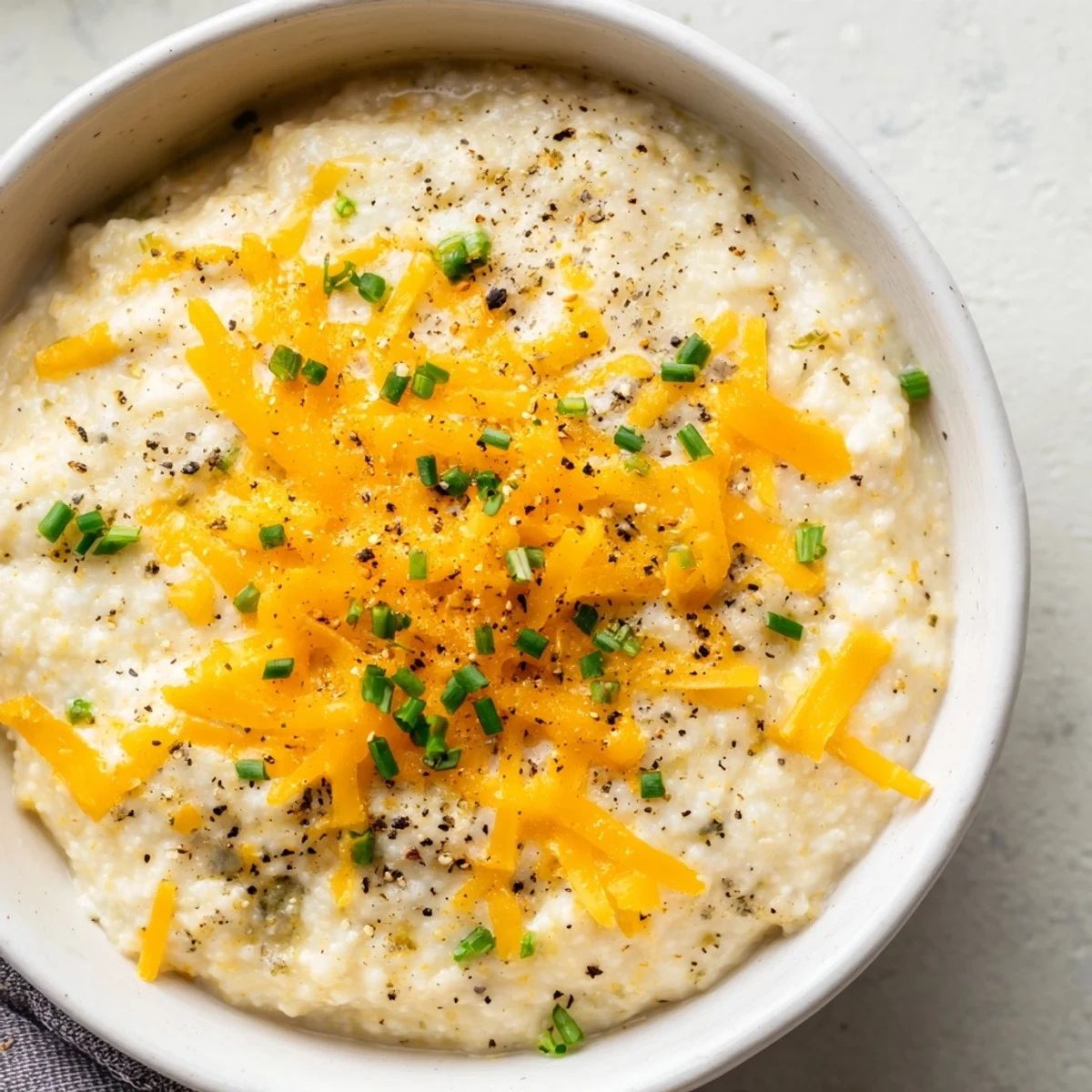 Velvety Creamy Brunch Grits topped with sharp cheddar and fresh chives, perfect alongside sautéed vegetables or soft poached eggs.