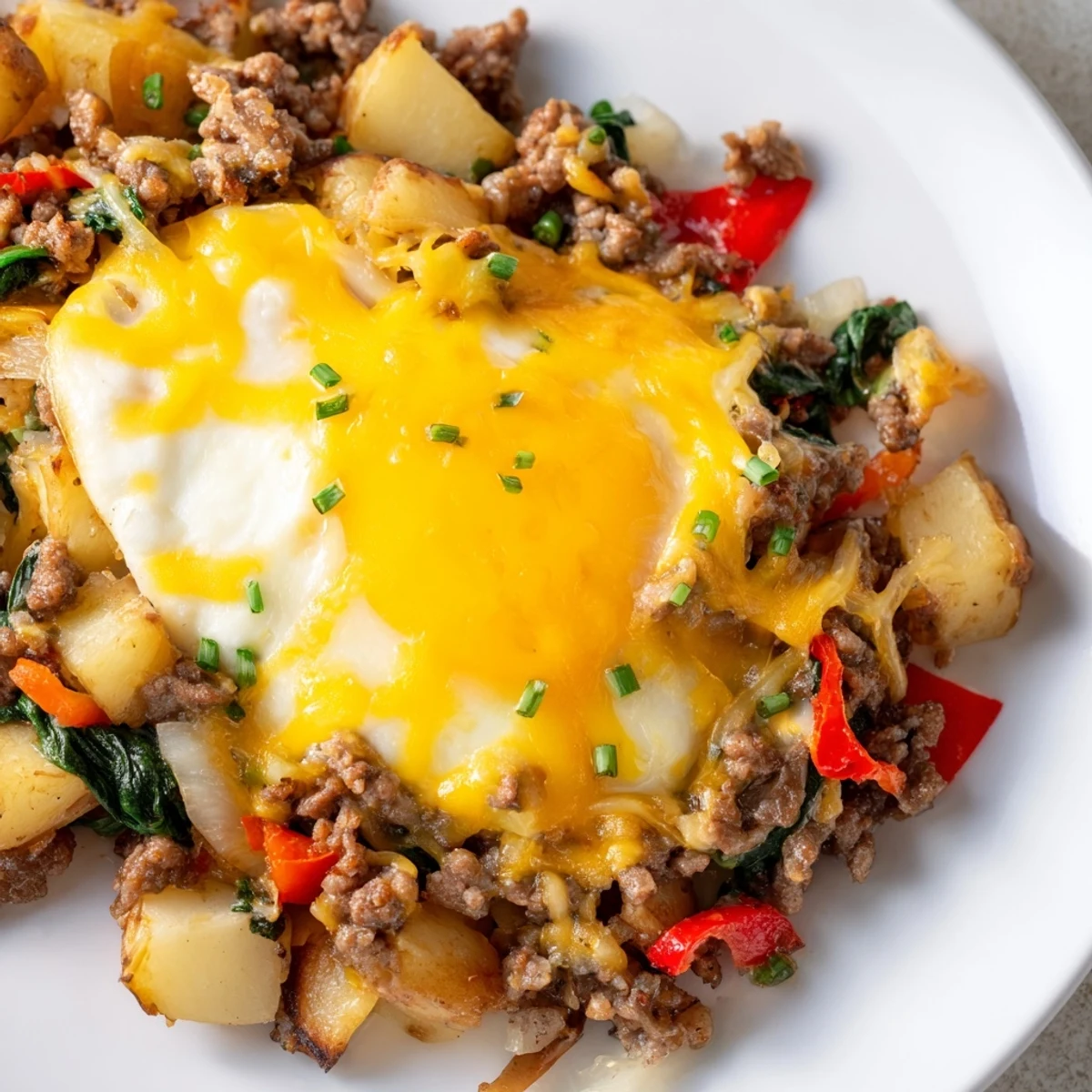 Beef Brunch Skillet served hot with melted cheddar, spinach, and chives, ideal for weekend gatherings.