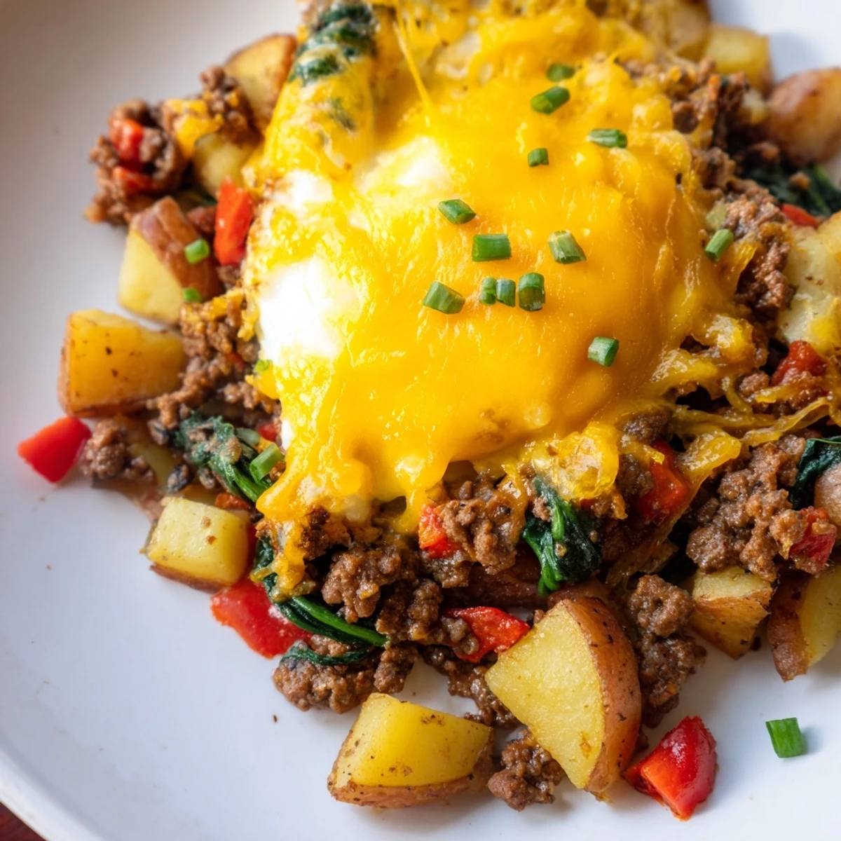 Golden crispy potatoes, ground beef, bell peppers, and sunny-side-up eggs in a skillet for a hearty brunch.