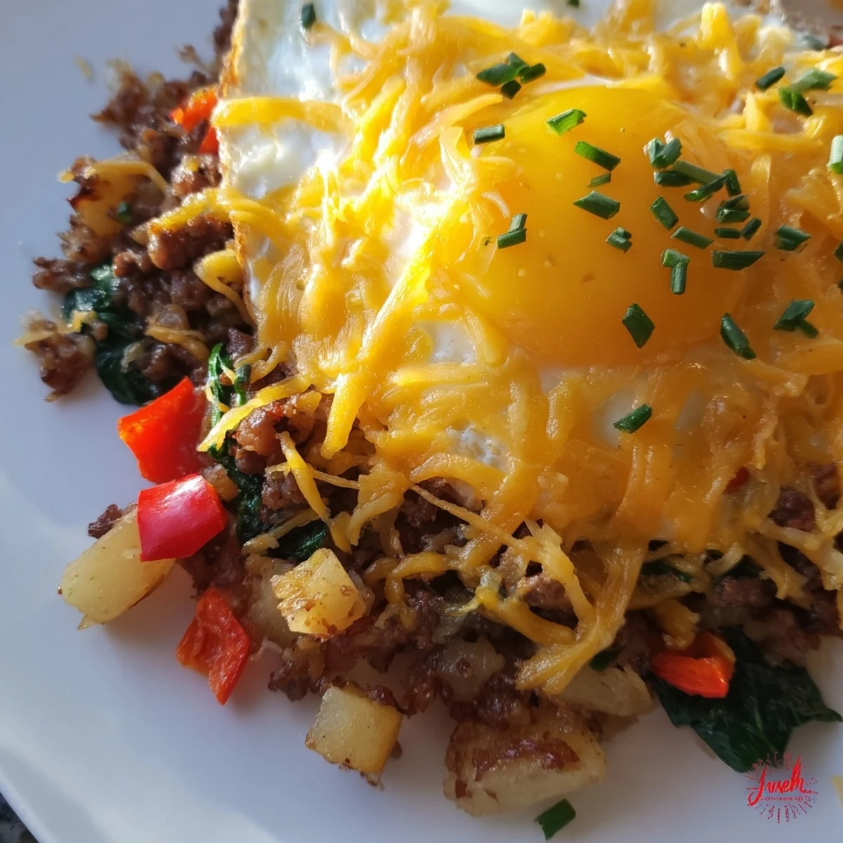 A close-up of a sizzling Beef Brunch Skillet with runny-yolk eggs, colorful veggies, and hot sauce.