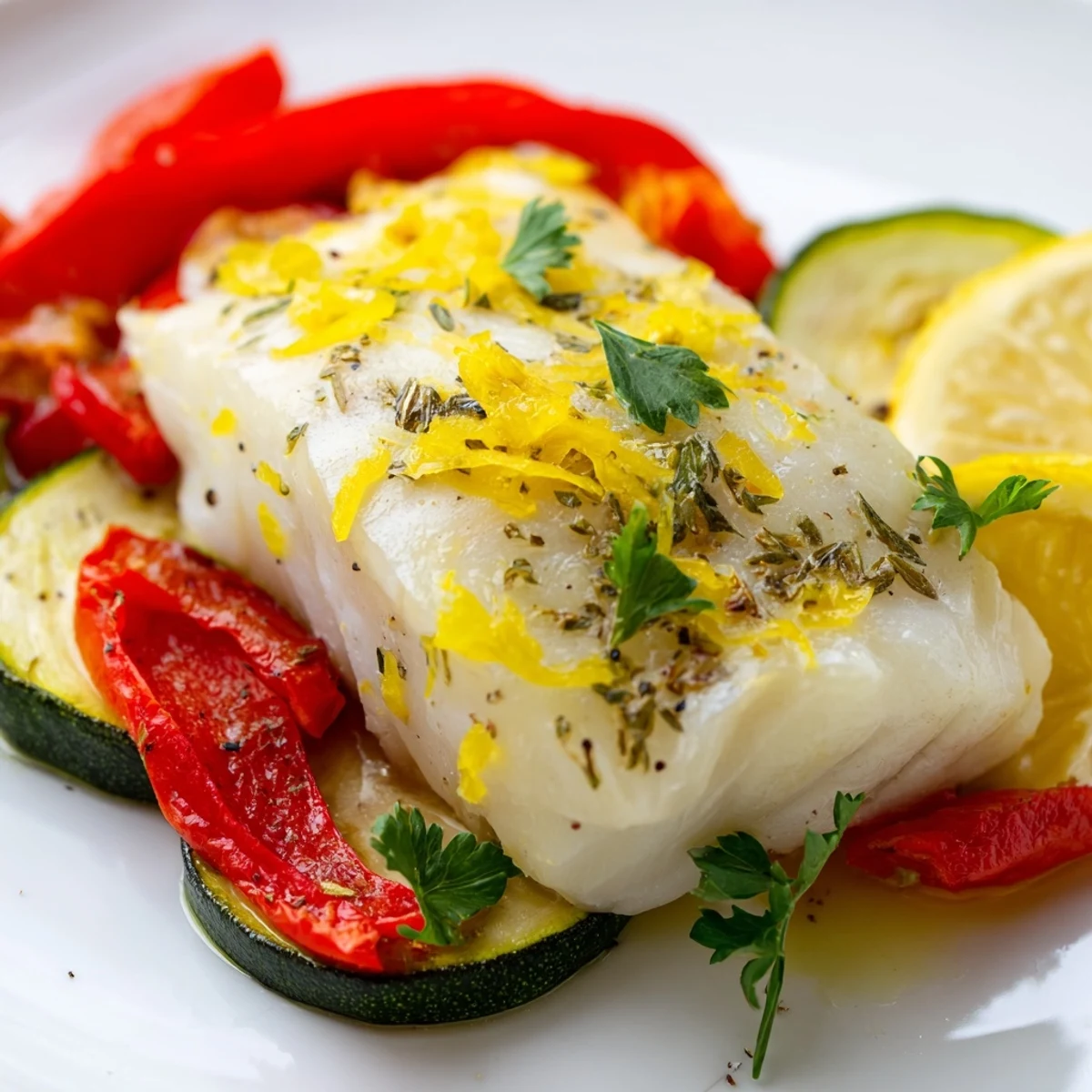 Freshly baked cod fillets and colorful vegetables with herbs and lemon zest in a baking dish.