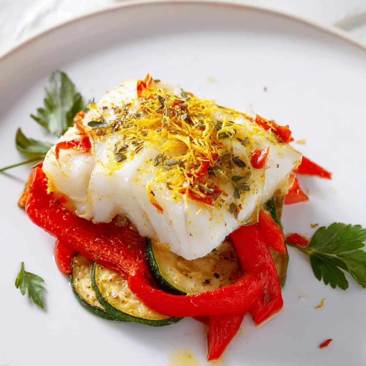 Golden baked cod supper fillet garnished with parsley and lemon wedges alongside roasted vegetables.