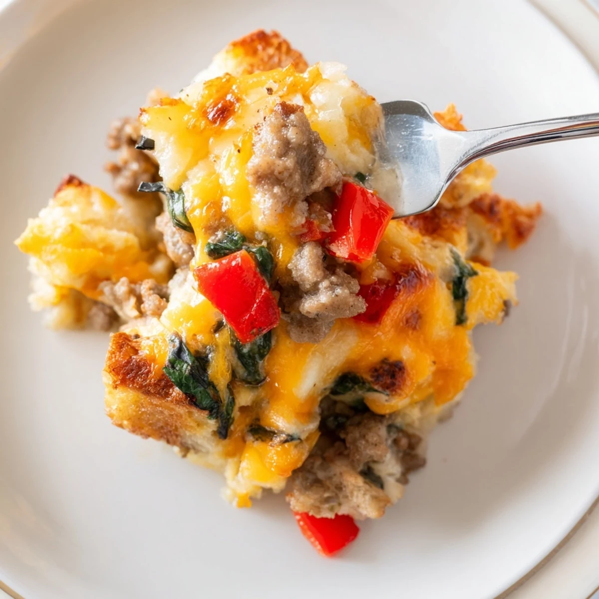 Fresh spinach and red bell peppers peek through layers of this hearty breakfast bake.