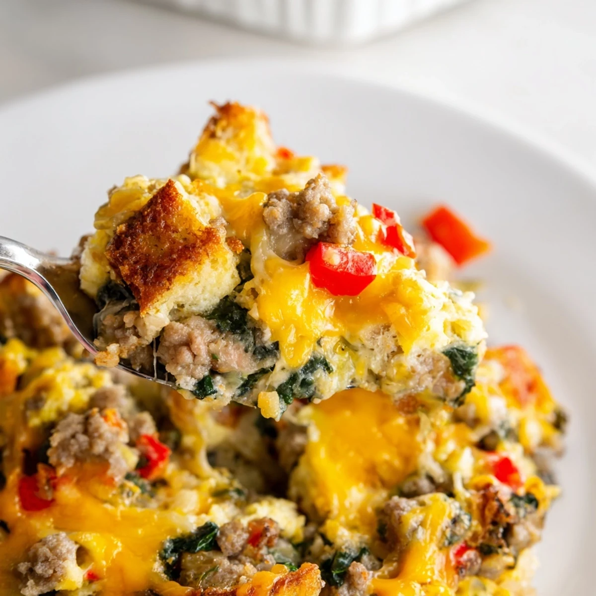 Sliced into squares, this cozy Winter Brunch Casserole is served for a warm family meal.