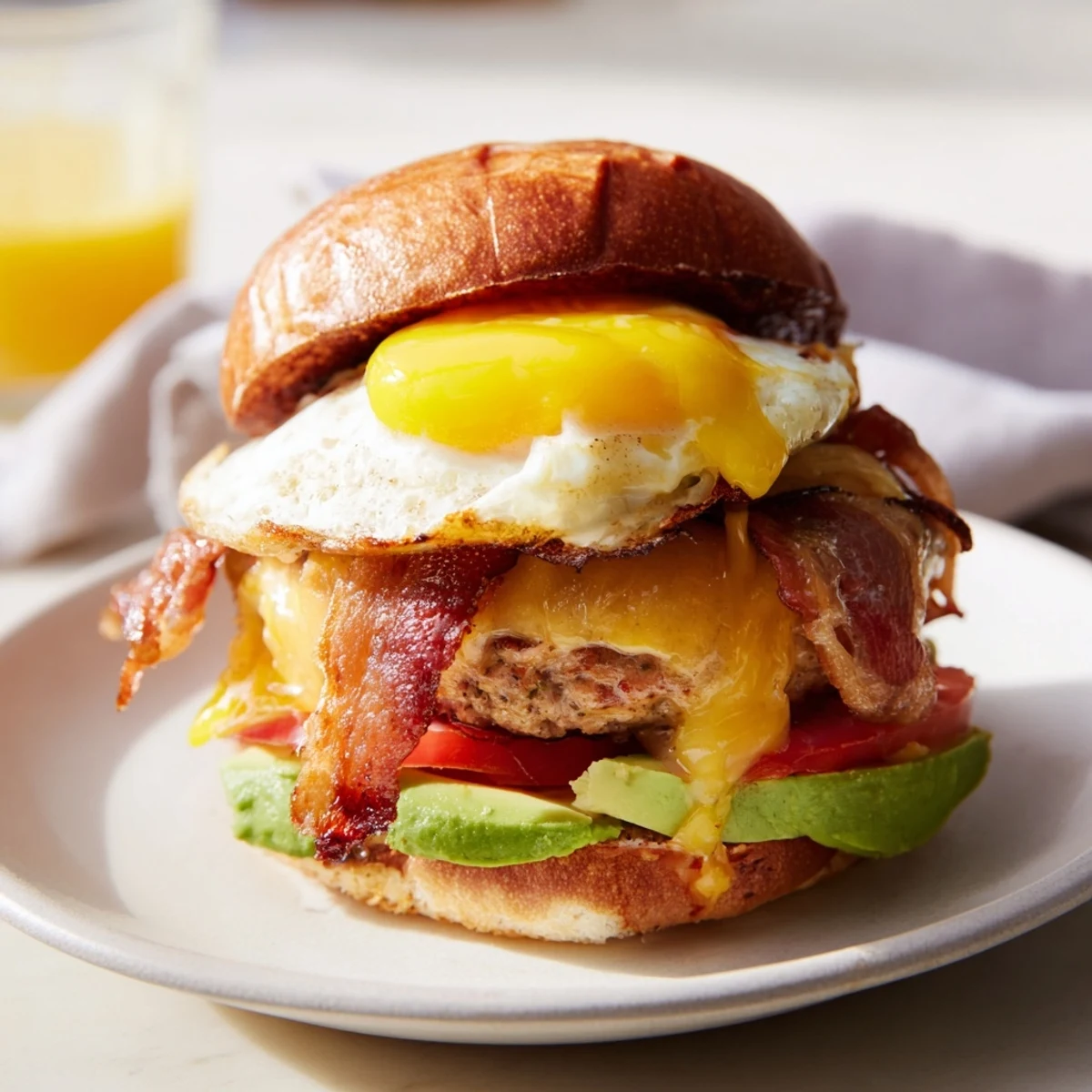 Close-up of a Turkey Brunch Burger showing a fried egg, crispy bacon strips, and creamy avocado slices.