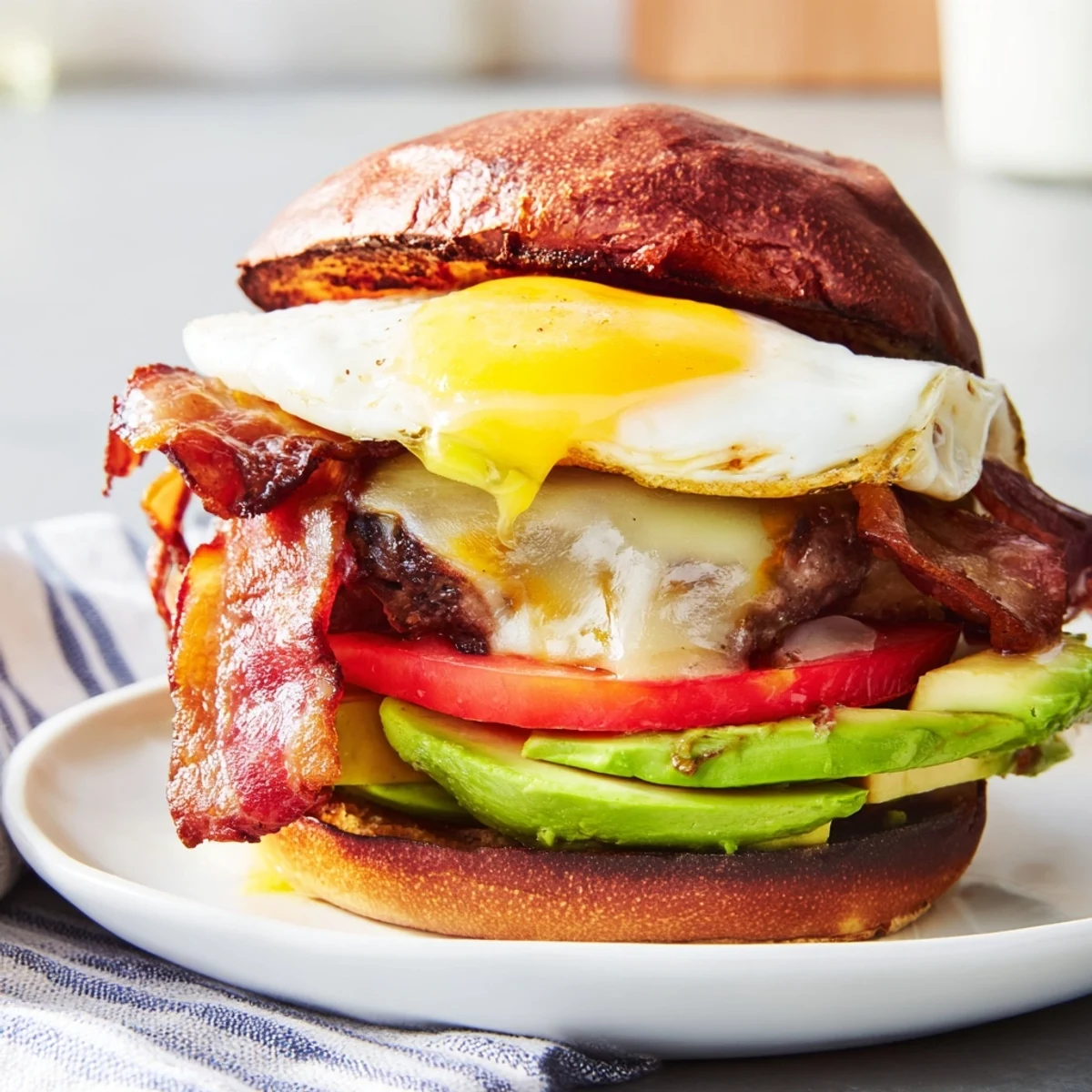 A fully assembled Turkey Brunch Burger on a plate with sweet potato fries and a crisp green salad.
