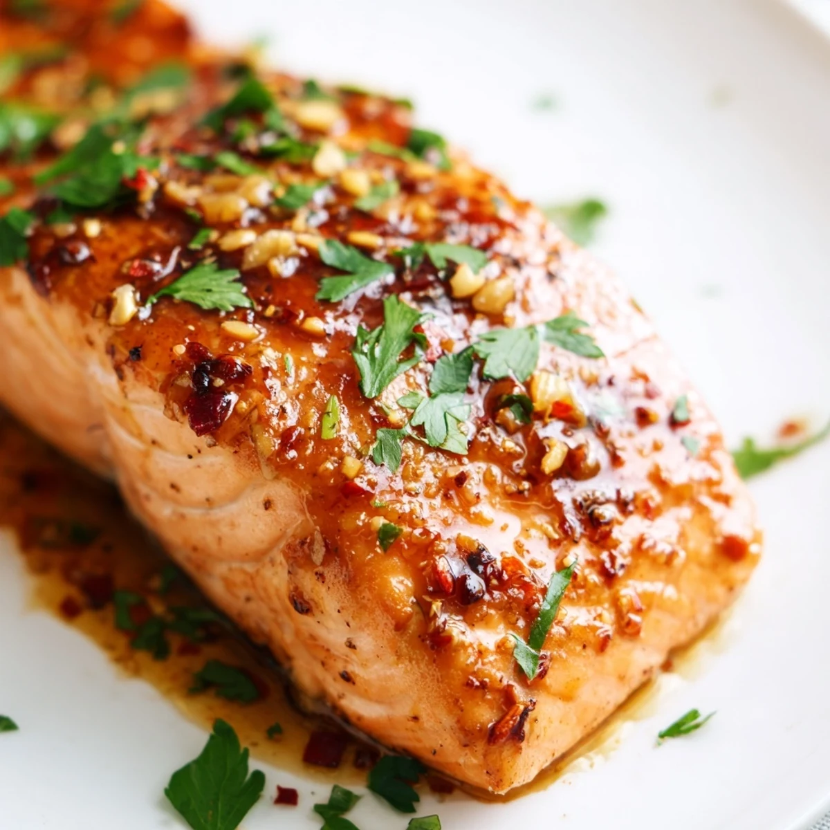 Perfectly baked salmon fillet with honey garlic glaze on a baking sheet, garnished with fresh parsley.