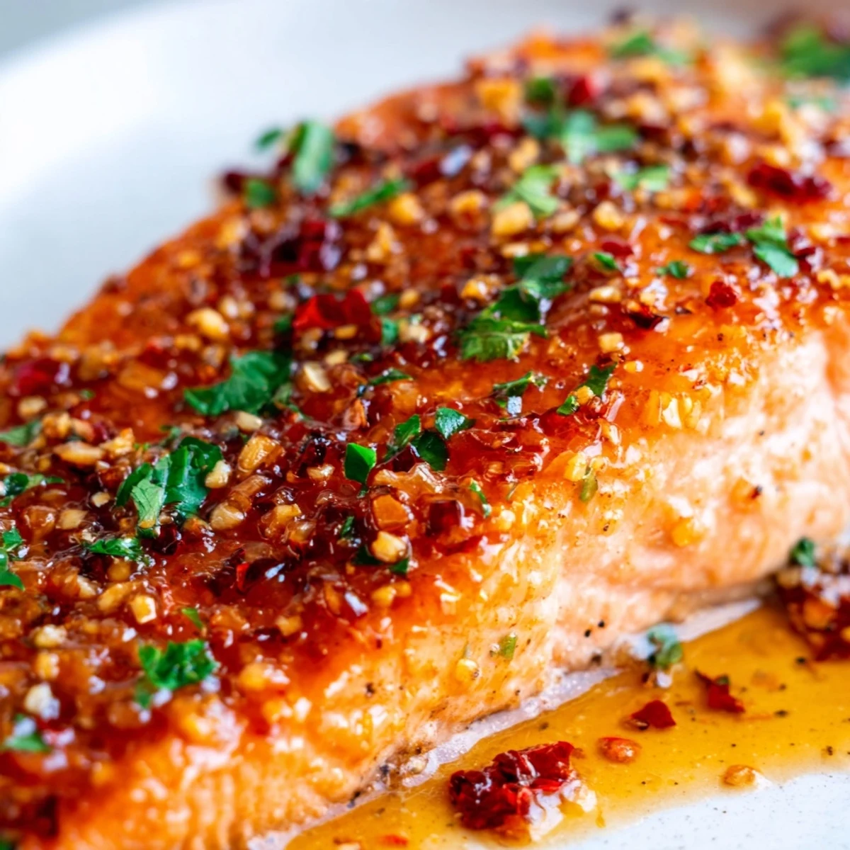 Caramelized honey garlic salmon fillets served with lemon wedges on a rustic wooden table.