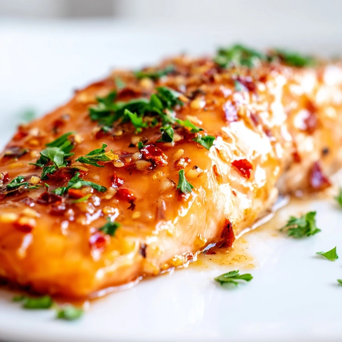 Freshly baked salmon with sticky honey garlic glaze and red pepper flakes, ready for dinner.