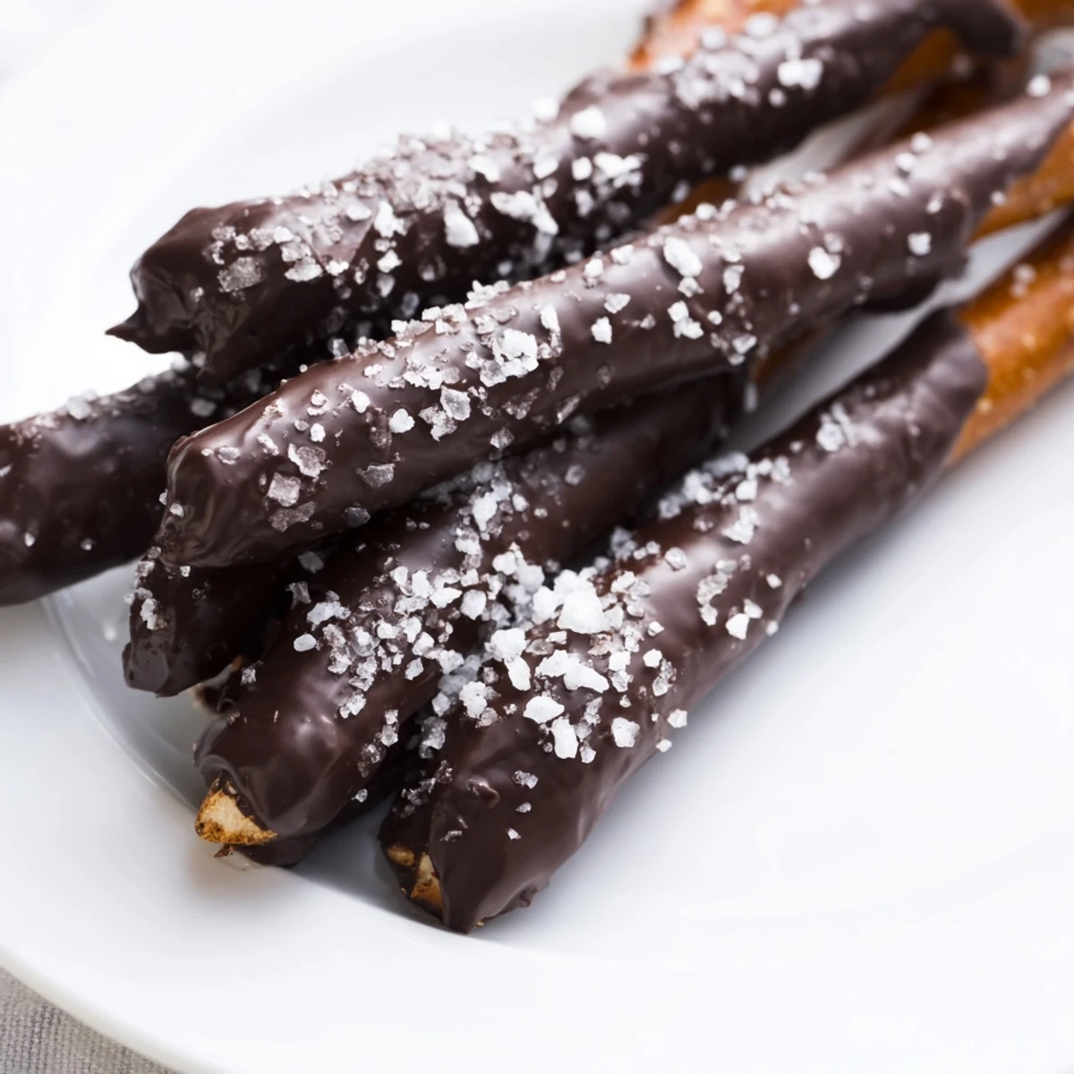 A close-up of chocolate dipped pretzels with sea salt on a cooling rack, ready to snack on.