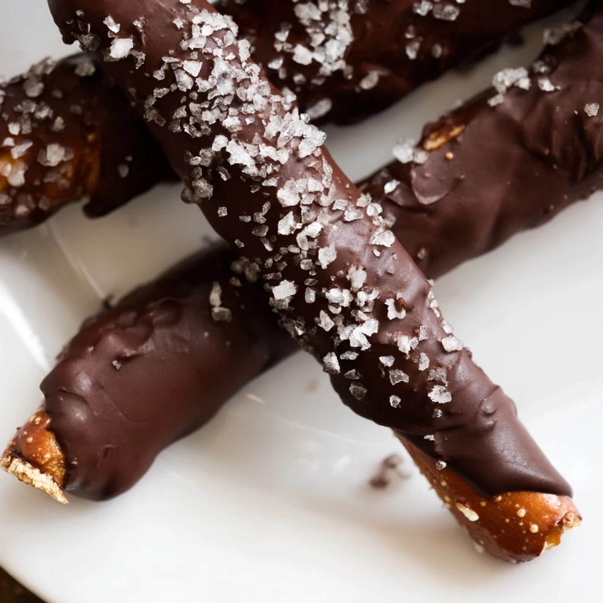 Crispy pretzel rods coated in melted dark chocolate and sprinkled with flaky sea salt.