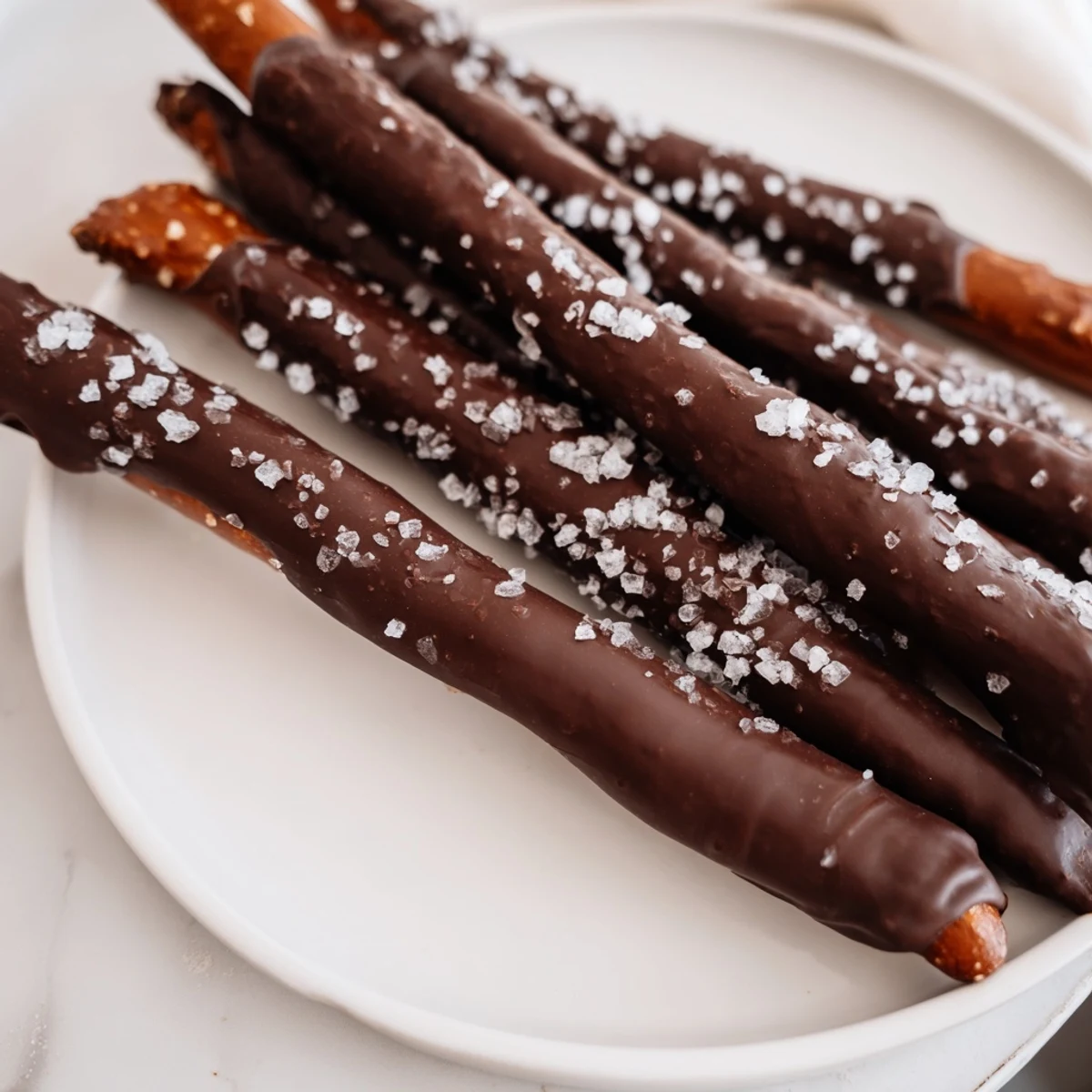 Homemade chocolate dipped pretzels with sea salt stacked on a tray, perfect for holiday gifting or parties.