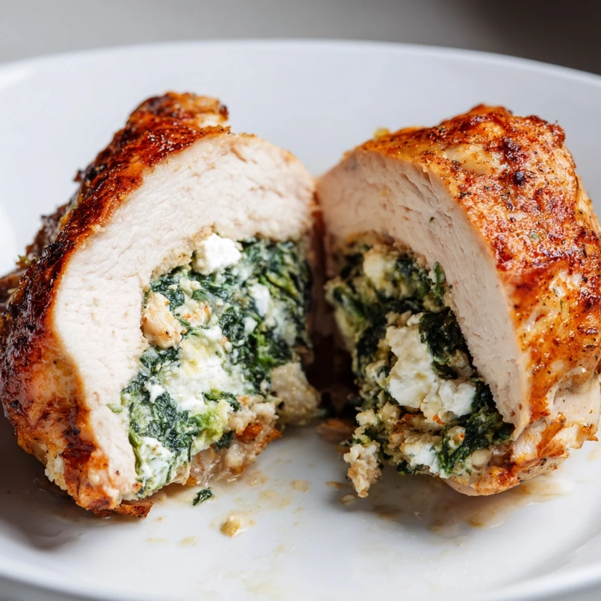 Golden-baked Spinach and Feta Stuffed Chicken Breast resting on a white plate, garnished with fresh parsley.
