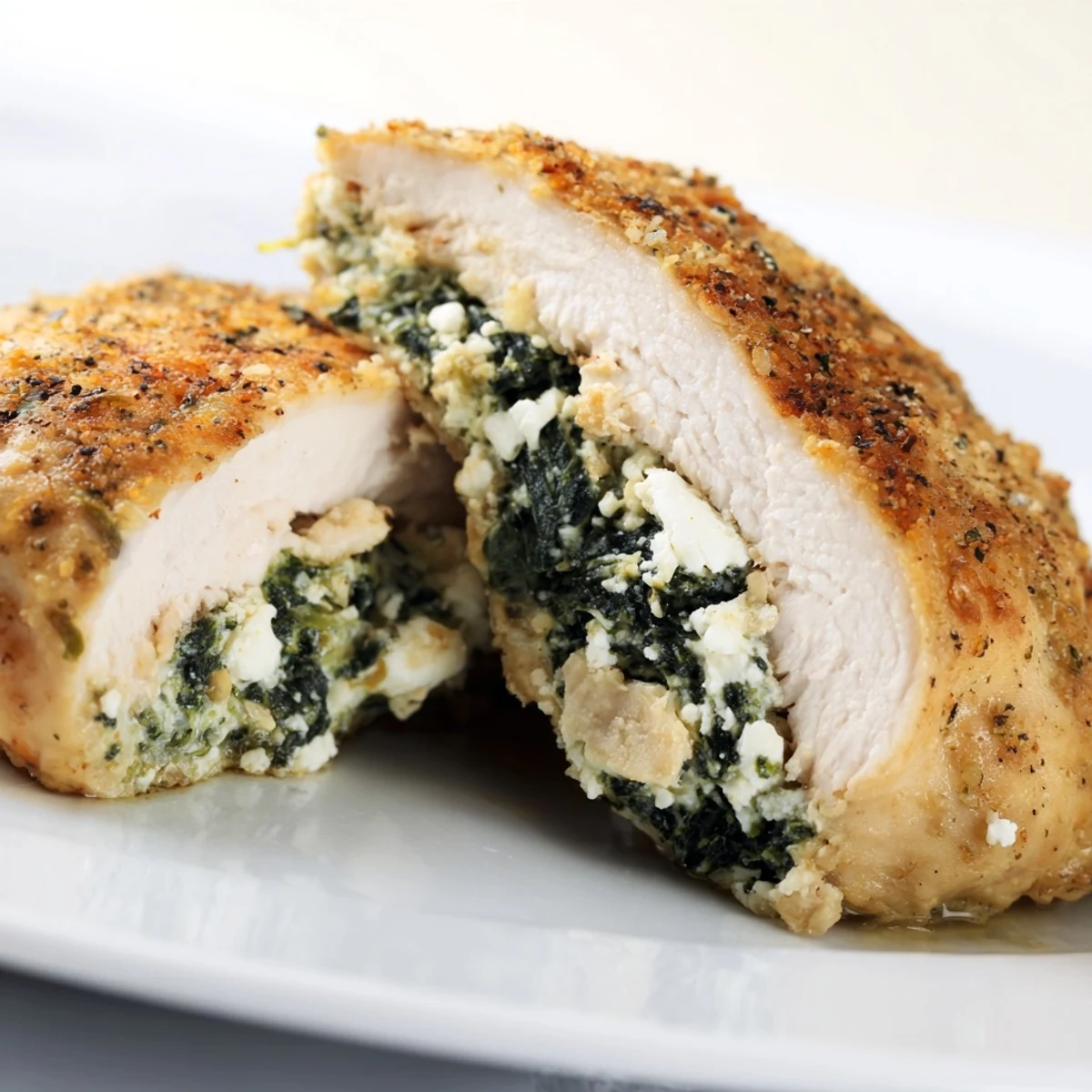 Juicy Spinach and Feta Stuffed Chicken Breast served with roasted vegetables on a rustic wooden table.