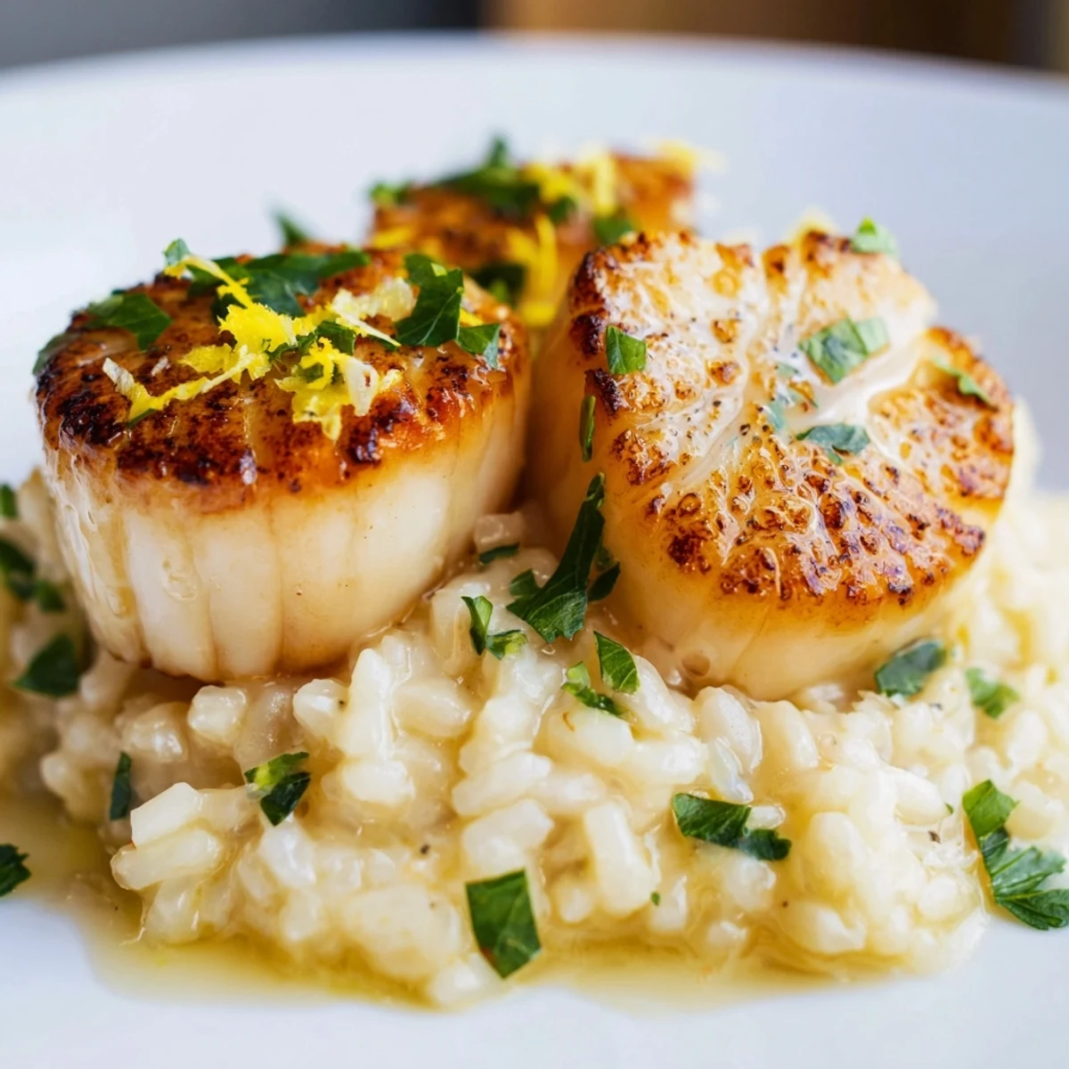 A fork lifting a tender scallop from a bed of Italian risotto topped with fresh parsley garnish.