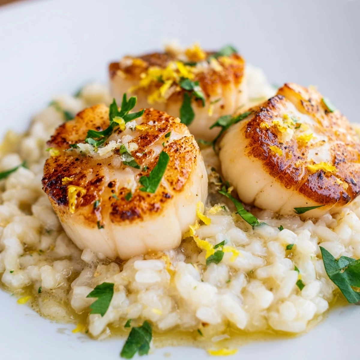 Golden seared scallops with lemon-garlic butter sauce served over creamy Parmesan risotto for a special dinner.