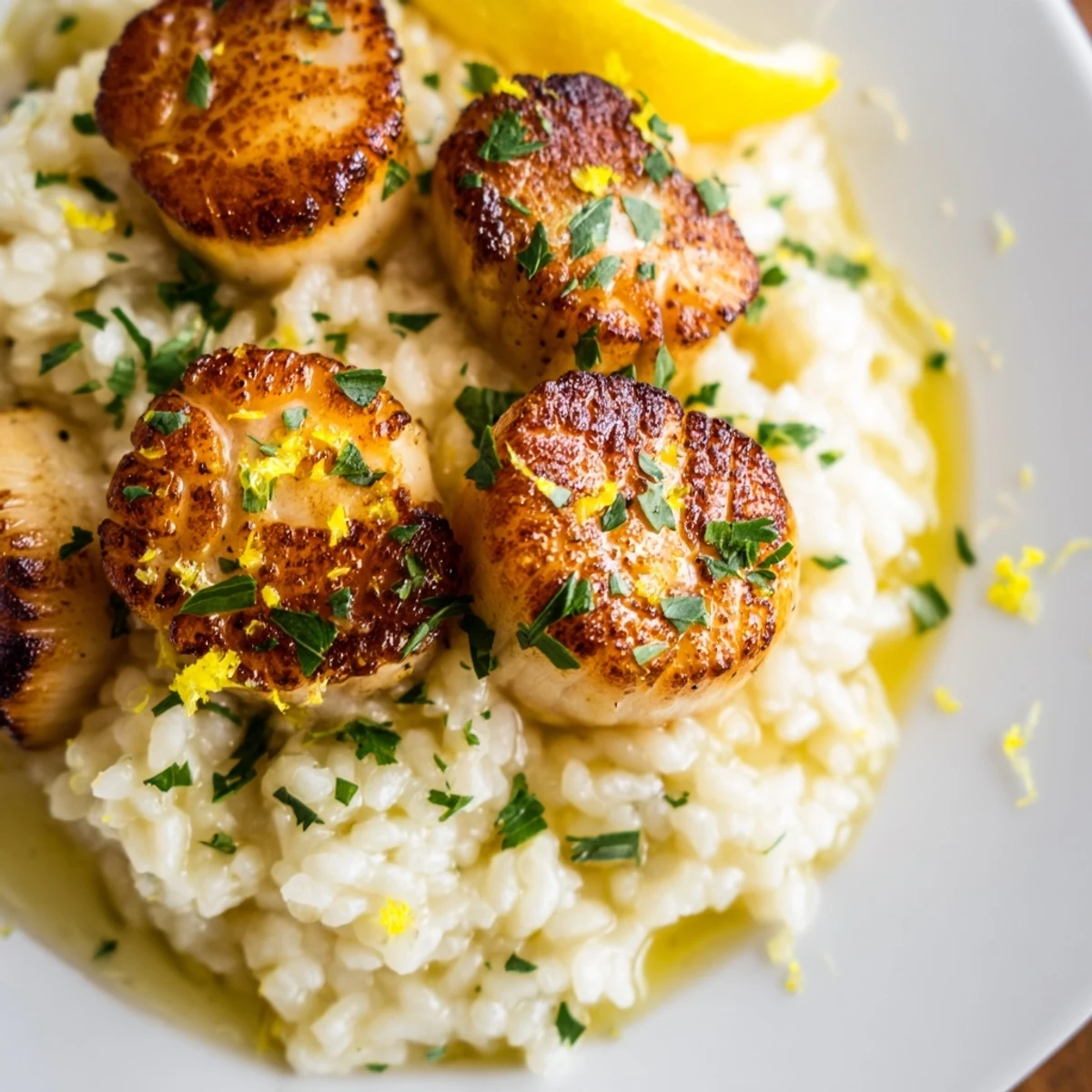 Close-up of Lemon Garlic Scallops with Risotto, showcasing golden crust and a drizzle of zesty butter sauce.