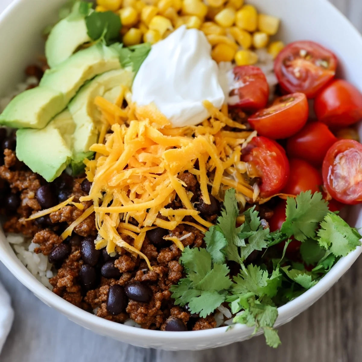 Tender spiced beef, fluffy rice, and hearty black beans are layered in this Beef Burrito Bowl, topped with cheese and fresh avocado.