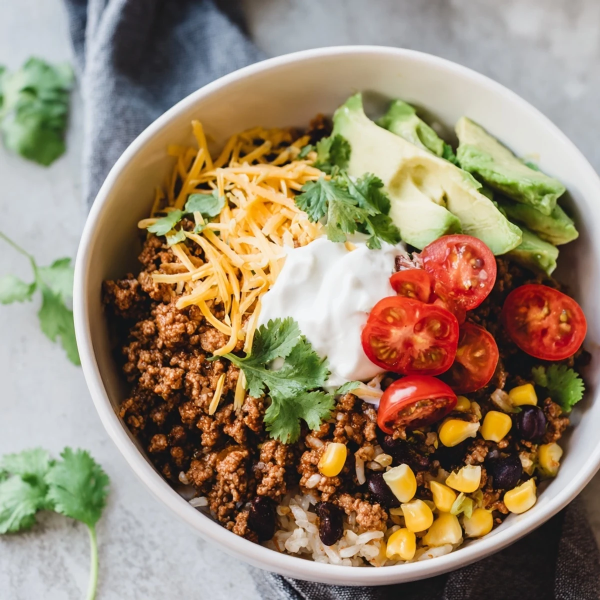 Flavorful ground beef, cilantro-lime rice, and seasoned black beans make a vibrant Beef Burrito Bowl, garnished with sour cream and corn.
