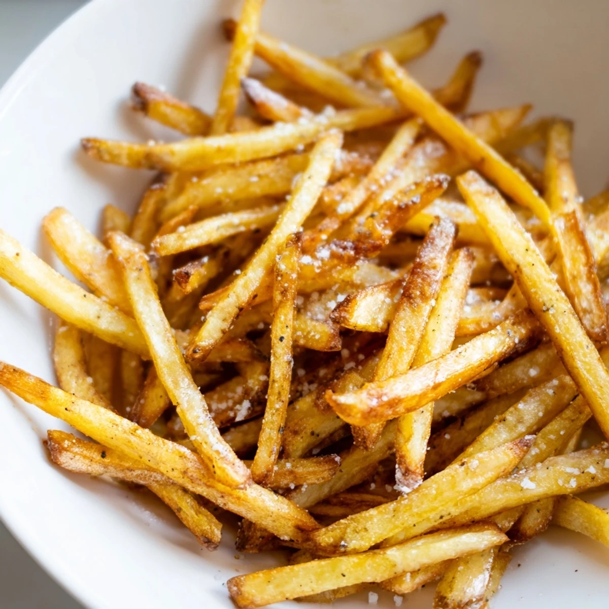 Freshly cooked Crispy Air Fryer French Fries with Sea Salt piled high in a rustic serving bowl, steam rising.